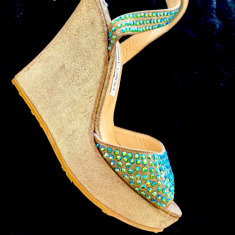 If Mermaids had feet: Jimmy Choo gold platform wedges with Swarovski crystals - Picture 2 of 12